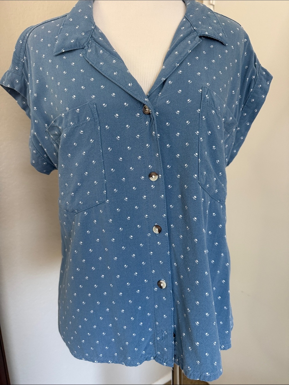 Blue Short-Sleeve Button Front Women's Top